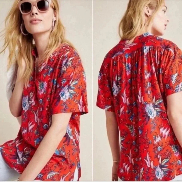 Maeve by Anthropology Boho Floral Red Blue T-Shirt Top Short Sleeve V-neck XS - Picture 1 of 13